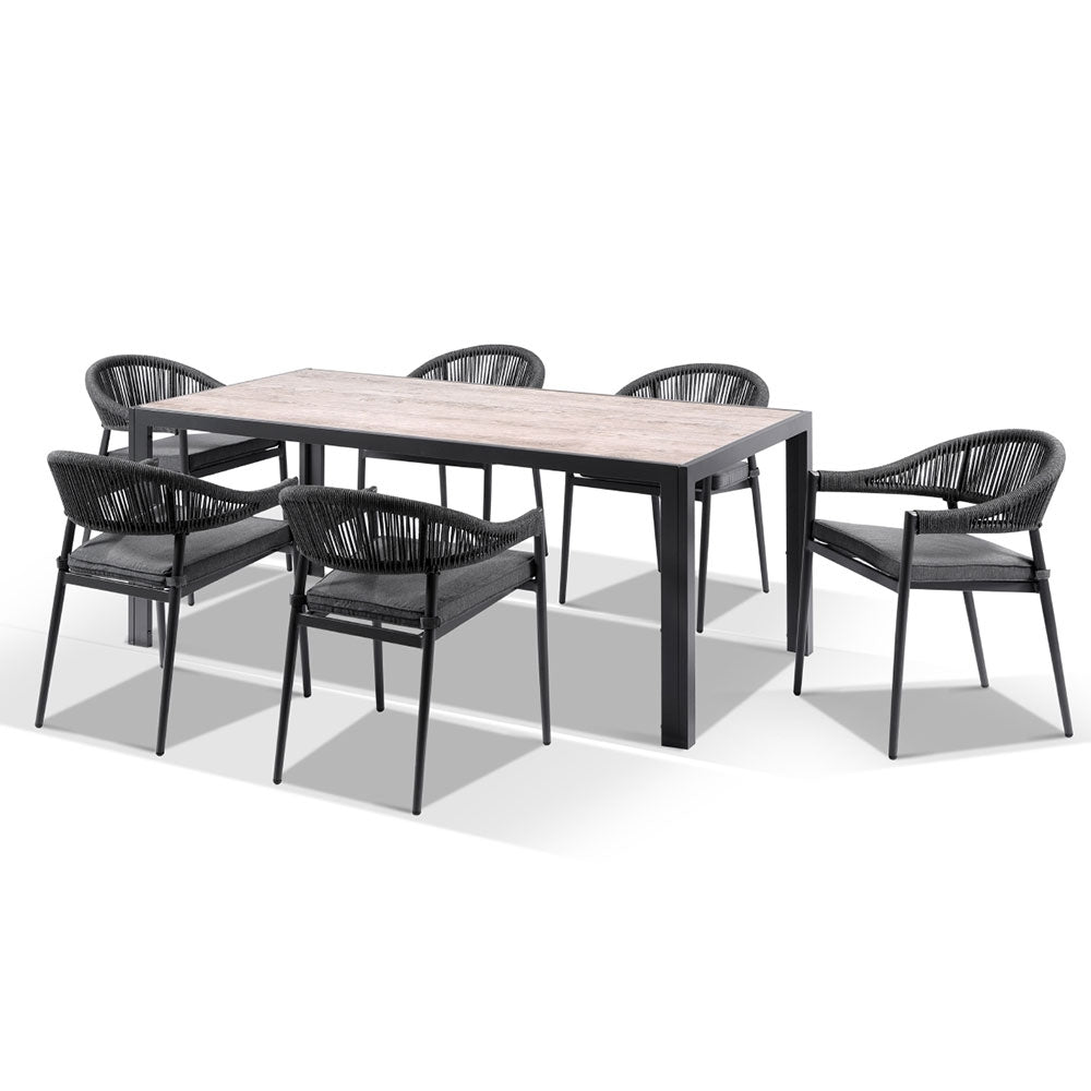 Alpine Outdoor Aluminium & Ceramic Table with 6 Finley Rope Stackable Chairs