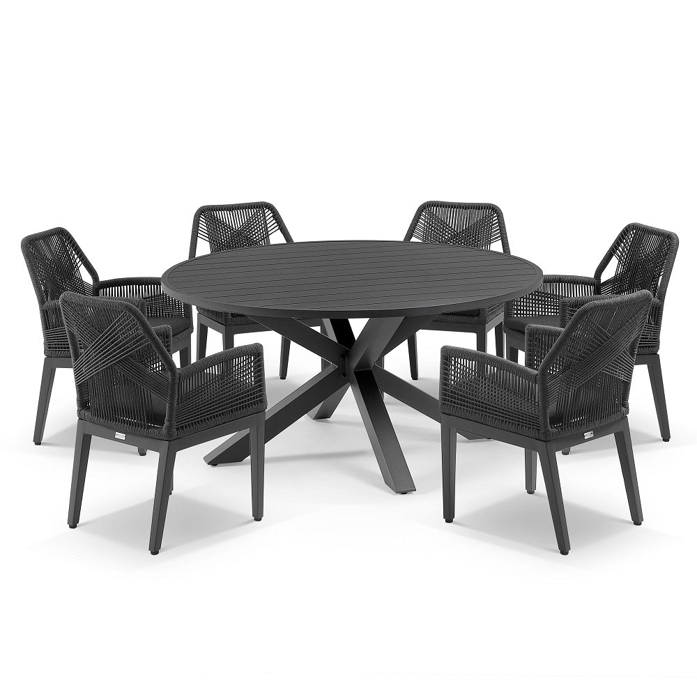Houston Outdoor 1.5m Round Aluminium Dining Setting with 6 Hugo Chairs