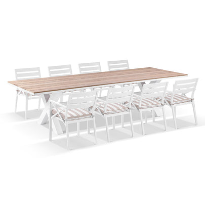 Kansas 3m Outdoor Teak and Aluminium Dining with 10 Chairs with Sunbrella cushions