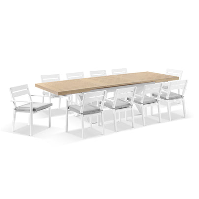 Austin Outdoor 2.2m Extension Dining Set with Light Oak Aluminium and 10 Santorini Chairs