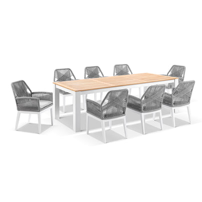 Balmoral 2.5m Outdoor Teak Top Aluminium Table With 8 Hugo Rope Chairs