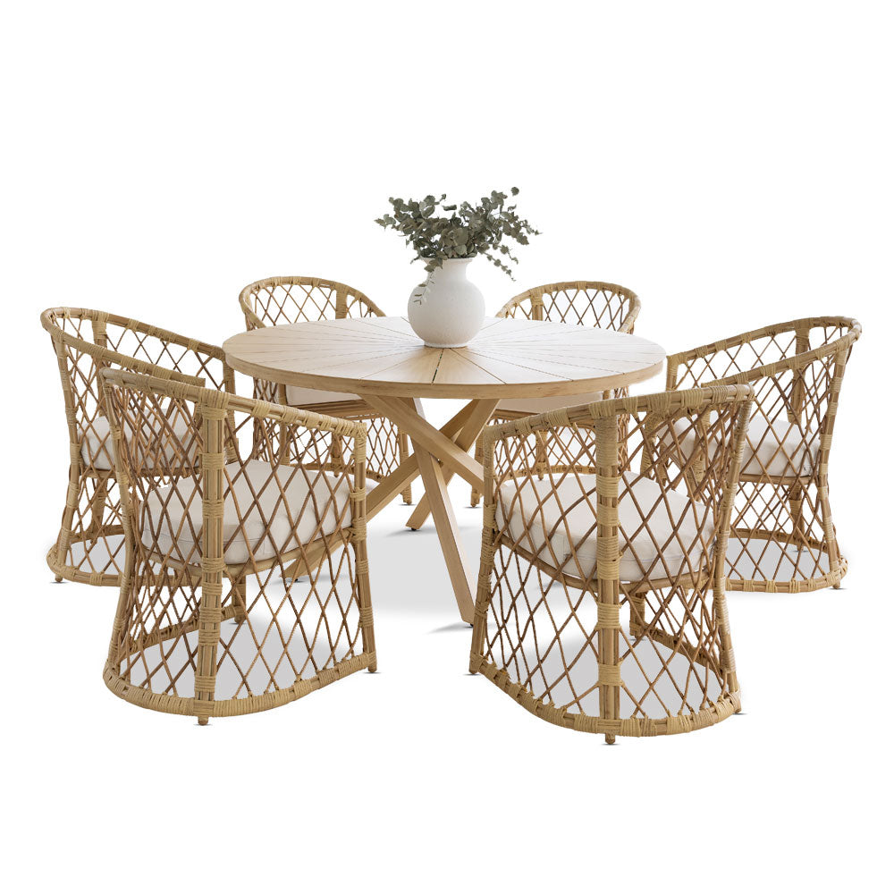 Bangalow Outdoor 1.4m Round Dining Table with 6 Chairs Setting