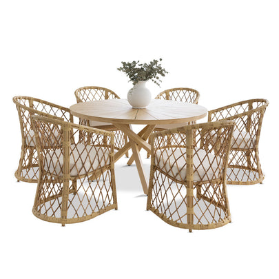 Bangalow Outdoor 1.4m Round Dining Table with 6 Chairs Setting