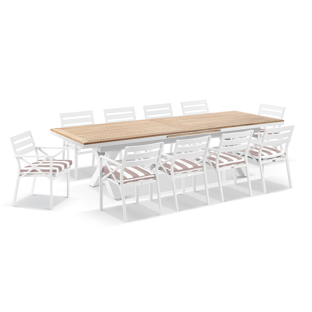 Austin Outdoor 3m - 3.8m Extension Teak and Aluminium Table with 12 Kansas Dining Chairs in Sunbrella