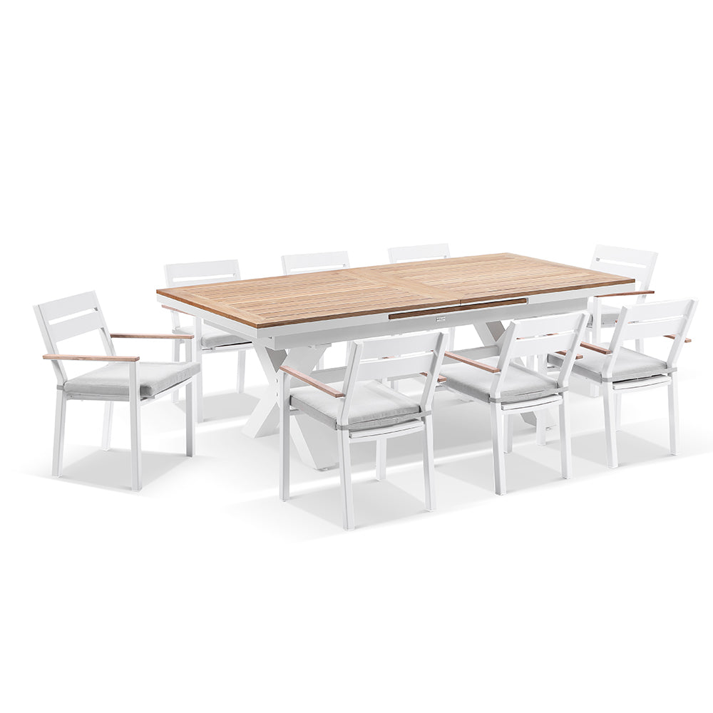 Austin Outdoor 2.2m - 3m Extension Teak Timber and Aluminium Table with 10 Capri Dining Chairs