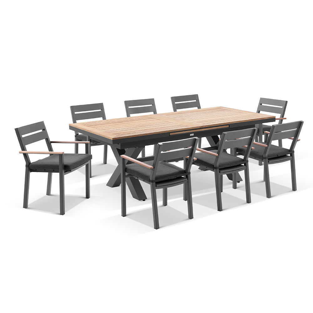 Austin Outdoor 2.2m - 3m Extension Teak Timber and Aluminium Table with 10 Capri Dining Chairs