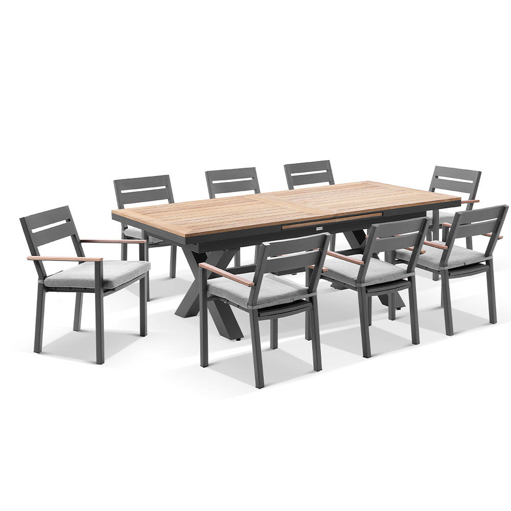 Austin Outdoor 2.2m - 3m Extension Teak Timber and Aluminium Table with 10 Capri Dining Chairs