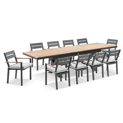 Austin Outdoor 2.2m - 3m Extension Teak Timber and Aluminium Table with 10 Capri Dining Chairs