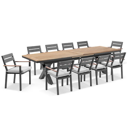 Austin Outdoor 3m - 3.8m Extension Teak Timber and Aluminium Table with 12 Capri Dining Chairs