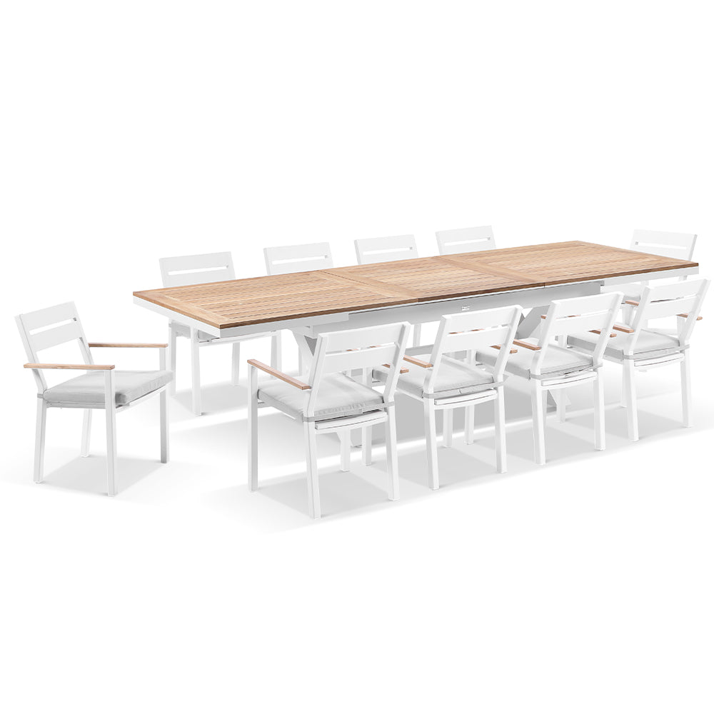 Austin Outdoor 2.2m - 3m Extension Teak Timber and Aluminium Table with 10 Capri Dining Chairs