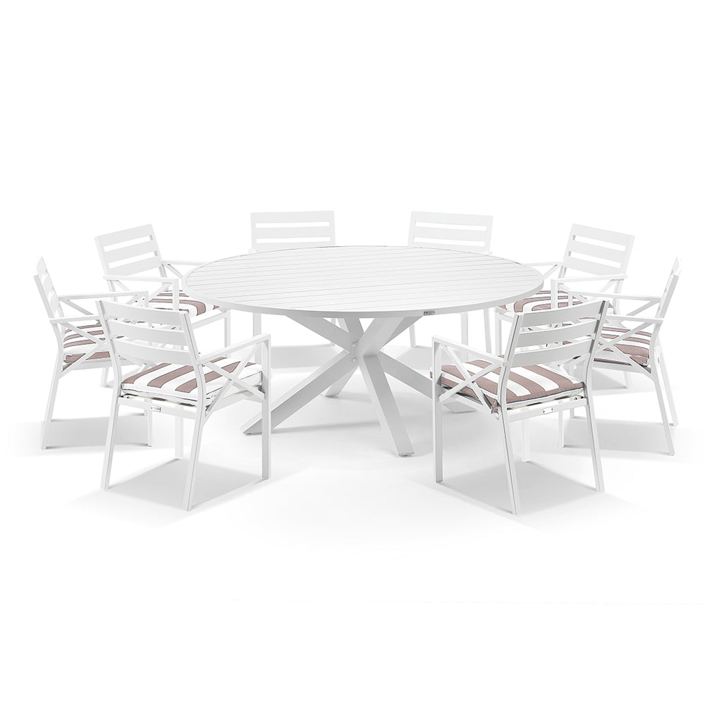 Houston Outdoor 1.8m Round Dining Set with 8 Kansas Chairs in Sunbrella