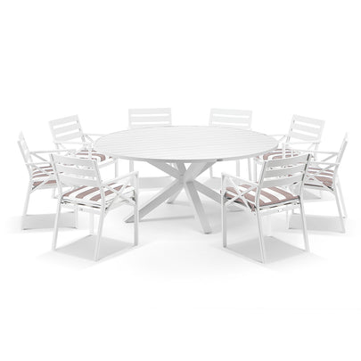 Houston Outdoor 1.8m Round Dining Set with 8 Kansas Chairs in Sunbrella