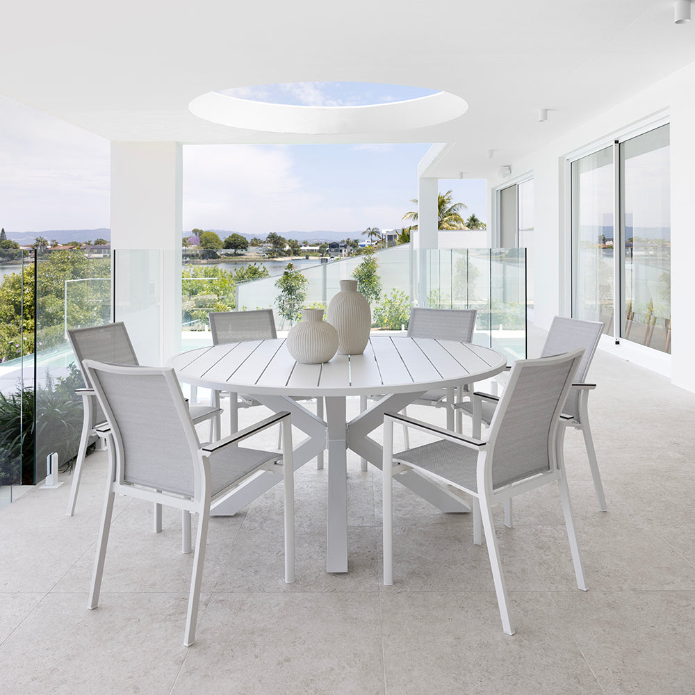 Houston Outdoor 1.5m Round Aluminium Table with 6 Patonga Dining Chairs