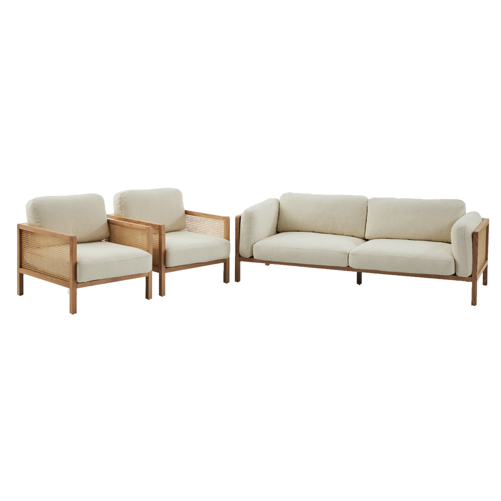 Killara Indoor Cream Boucle Couch Fabric and Timber 3+1+1 Rattan Lounge Sofa Setting