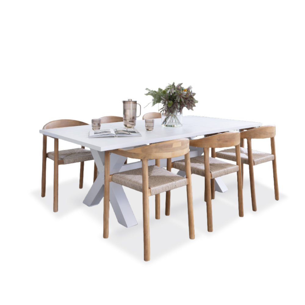 Tahitian 2.1m Aluminium Dining Table with 6 x Kotara Timber and Rattan Chairs