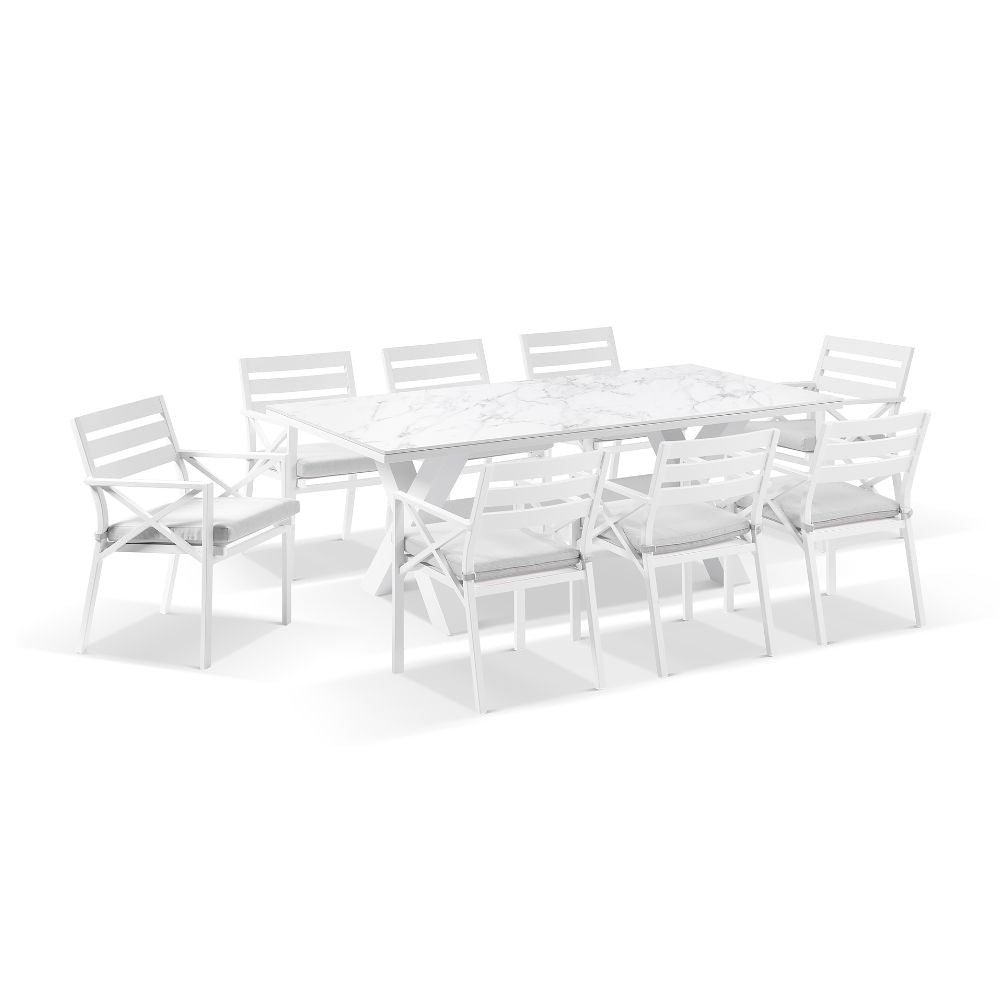 Kansas Outdoor Ceramic 2m Aluminium Dining Table with 8 Chairs Setting