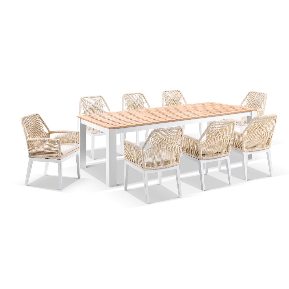 Balmoral 2.5m Outdoor Teak Top Aluminium Table With 8 Hugo Rope Chairs