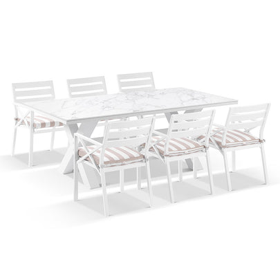 Kansas Outdoor Ceramic 2m Aluminium Dining Table with 8 Chairs Setting in Sunbrella