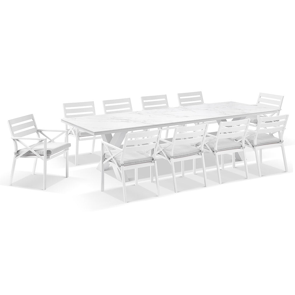 Kansas Outdoor Ceramic 3m Aluminium Dining Table with 10 Chairs Setting