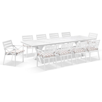 Kansas Outdoor Ceramic 3m Aluminium Dining Table with 10 Chairs Setting in Sunbrella
