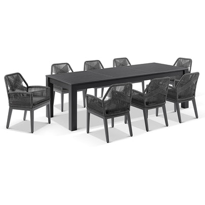 Santorini 2.5m Outdoor Rectangle Aluminium Dining Table with 8 Hugo Rope Chairs