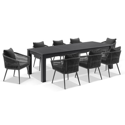 Santorini 2.5m Outdoor Rectangle Aluminium Dining Table with 8 Herman Rope Chairs- w/ Carbon  Rope & Denim  Cushion