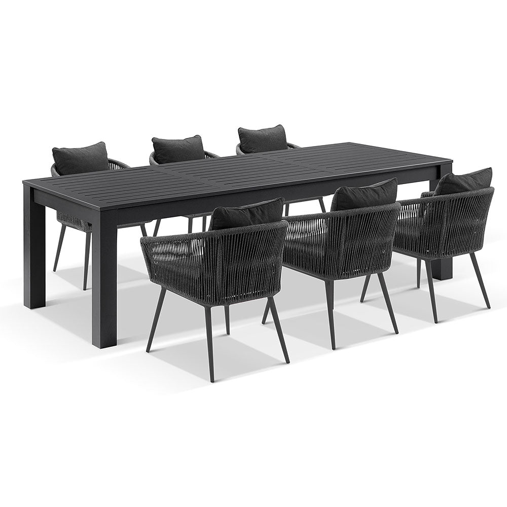 Santorini 2.5m Outdoor Rectangle Aluminium Dining Table with 8 Herman Rope Chairs- w/ Carbon  Rope & Denim  Cushion