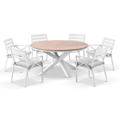 Tuscany Round 1.5m Outdoor Aluminium and Teak Dining Table with 6 Kansas Dining Chairs