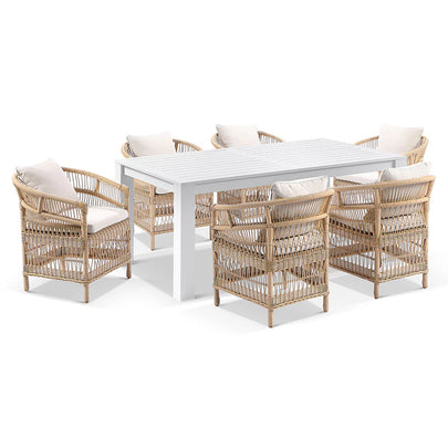 Santorini 1.8m Outdoor Rectangle Aluminium Dining Table with 6 Malawi Wicker Chairs