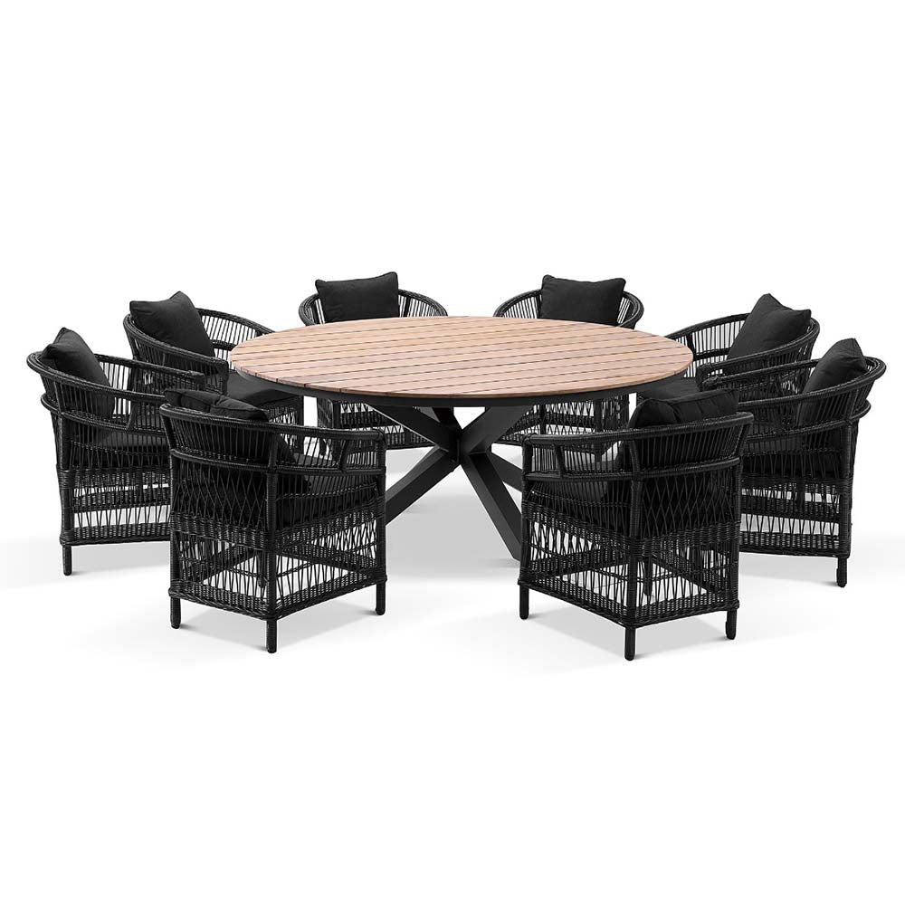 Tuscany Round 1.8m Outdoor Aluminium and Teak Dining Table with 8 Malawi Wicker Dining Chairs
