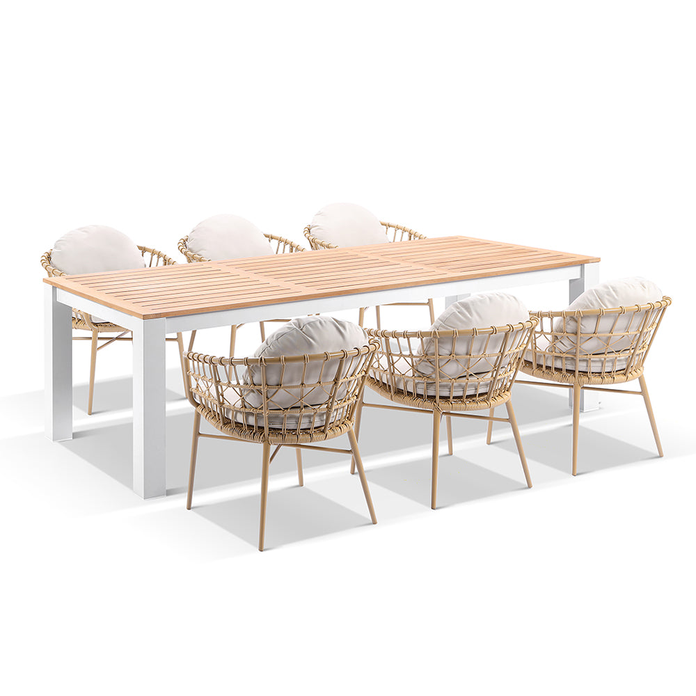 Balmoral 2.5m Outdoor Teak and Aluminium Dining Table with 8 Moana Wicker Chairs