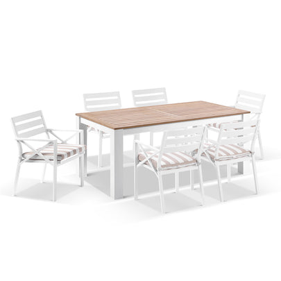 Balmoral 1.8m Teak Top Aluminium Table with 6 Kansas Dining Chairs with Sunbrella cushions