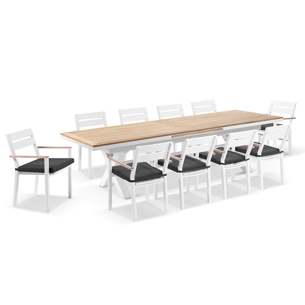 Austin Outdoor 3m - 3.8m Extension Teak Timber and Aluminium Table with 12 Capri Dining Chairs