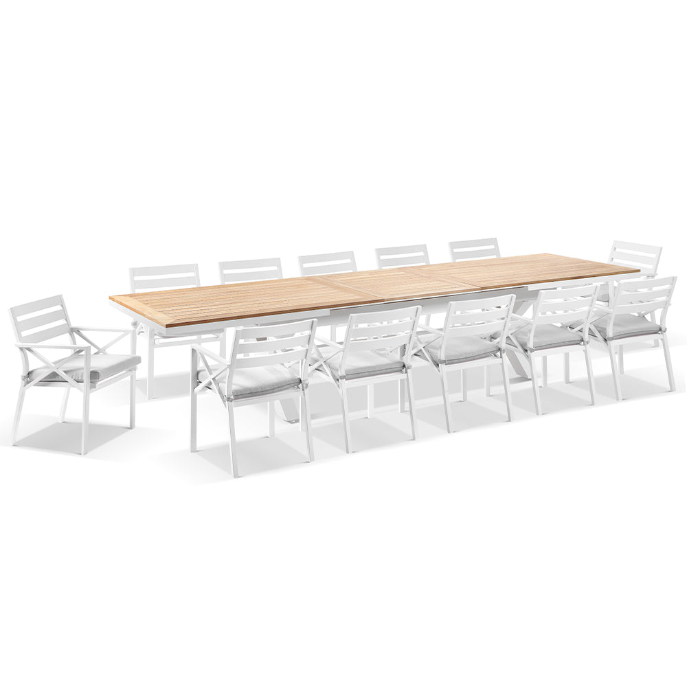 Austin Outdoor 3m - 3.8m Extension Teak and Aluminium Table with 12 Kansas Dining Chairs