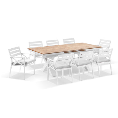 Austin Outdoor 2.2m - 3m Extension Teak and Aluminium Table with 10 Kansas Dining Chairs