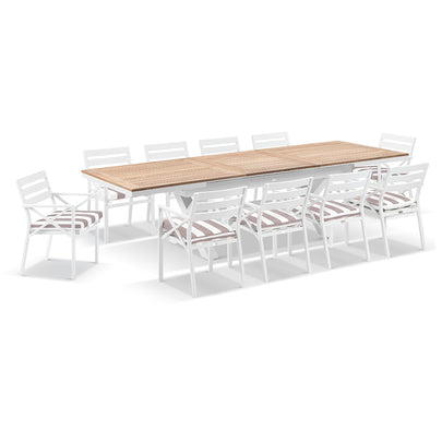 Austin Outdoor 2.2m - 3m Extension Teak and Aluminium Table with 10 Kansas Dining Chairs in Sunbrella