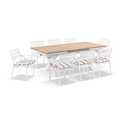 Austin Outdoor 2.2m - 3m Extension Teak and Aluminium Table with 10 Kansas Dining Chairs in Sunbrella