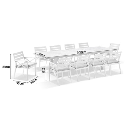 Kansas Outdoor Ceramic 3m Aluminium Dining Table with 10 Chairs Setting