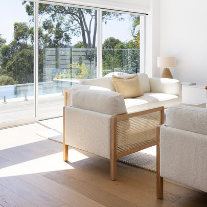 Killara Indoor Cream Boucle Couch Fabric and Timber 3+1+1 Rattan Lounge Sofa Setting