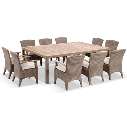 Sahara 10 Seat Outdoor Teak Top Dining Table and Kai Wicker Chairs Patio Setting