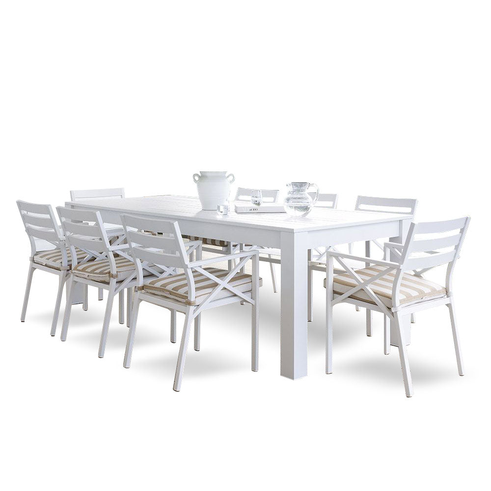 Santorini 2.5m Outdoor Rectangle Aluminium Dining Table with 8 Kansas Chairs in Sunbrella