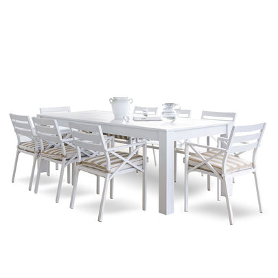Santorini 2.5m Outdoor Rectangle Aluminium Dining Table with 8 Kansas Chairs in Sunbrella