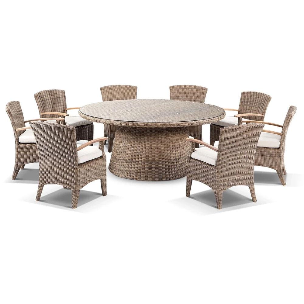 Plantation 1.8m Round Outdoor Wicker Dining Table with 8 Kai Chairs