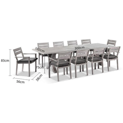 Aged Teak look Tahitian 3m Aluminium Dining Setting with Santorini Chairs