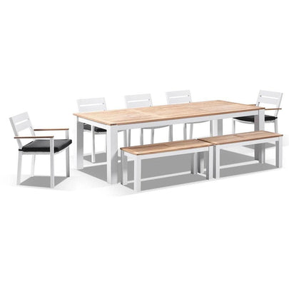 Balmoral 2.5m Teak Top Aluminium Table with 2 Bench Seats and 5 Chairs